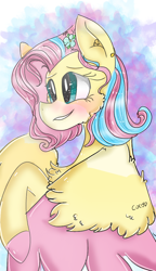 Size: 540x938 | Tagged: safe, artist:cocolove2176, imported from derpibooru, fluttershy, pegasus, pony, abstract background, alternate design, blushing, eyelashes, female, mare, smiling, solo, two toned wings, wings