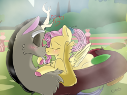 Size: 1200x899 | Tagged: safe, artist:cocolove2176, imported from derpibooru, discord, fluttershy, draconequus, pegasus, pony, blushing, coils, colored hooves, discoshy, eyes closed, female, flower, flower in hair, hug, kissing, male, mare, older, older fluttershy, outdoors, shipping, smiling, straight, wings