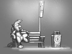 Size: 1280x960 | Tagged: safe, artist:captainhoers, imported from derpibooru, oc, oc only, oc:kalimu, griffon, bench, black and white, grayscale, griffon oc, lamppost, monochrome, night, sitting, snow, snowfall, solo, trash can