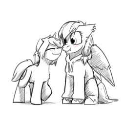 Size: 1280x1280 | Tagged: safe, artist:captainhoers, imported from derpibooru, oc, oc only, oc:blazing rose, pegasus, pony, unicorn, black and white, blushing, boop, clothes, duo, freckles, grayscale, hoodie, monochrome, noseboop, partial color, simple background, sketch, unshorn fetlocks, white background