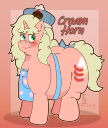 Size: 1444x1699 | Tagged: safe, artist:icecreamjaxxie, imported from derpibooru, oc, oc only, oc:cream horn, pony, unicorn, apron, bags under eyes, belly, big belly, bow, brownie, brownies, butt, cake, clothes, double chin, fat, female, food, hat, large butt, looking at you, mare, mother, smiling, solo, stretched cutie mark, tail bow