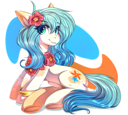 Size: 5624x5045 | Tagged: safe, artist:ask-colorsound, imported from derpibooru, oc, oc only, oc:seascape, earth pony, pony, absurd resolution, bracelet, cute, female, flower, flower in hair, jewelry, lei, looking at you, simple background, sitting, smiling, smiling at you, solo, solo female, underhoof