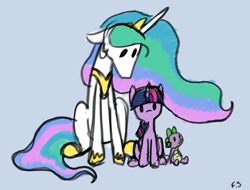 Size: 6576x5000 | Tagged: safe, artist:dark shadow, imported from derpibooru, princess celestia, spike, twilight sparkle, alicorn, dragon, pony, blue background, colored sketch, cute, dot eyes, floppy ears, simple background, sitting, solo, wingless