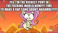 Size: 1136x640 | Tagged: safe, edit, edited screencap, imported from derpibooru, screencap, fluttershy, pony, unicorn, my little pony: pony life, caption, elon musk, evil grin, female, g4.5, grin, harambe, image macro, mare, money, pony life, rap, rich, smiling, text, vulgar, wealthy