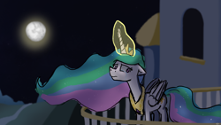 Size: 3840x2160 | Tagged: safe, artist:dark shadow, imported from derpibooru, princess celestia, alicorn, pony, balcony, canterlot, crying, female, floppy ears, full moon, g4, glowing horn, horn, mare, mare in the moon, moon, moon work, night, sad, sadlestia, solo, teary eyes