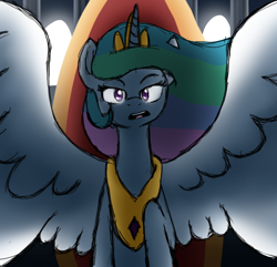 Size: 2256x2174 | Tagged: safe, artist:dark shadow, imported from derpibooru, princess celestia, alicorn, pony, angry, colored sketch, female, high res, mare, sketch, solo, spread wings, wings