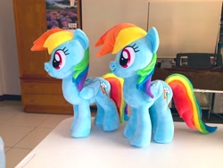 Size: 2048x1536 | Tagged: safe, artist:nekokevin, imported from derpibooru, imported from ponybooru, rainbow dash, pegasus, pony, double rainbow, duo, female, irl, mare, photo, plushie, self ponidox, side view, smiling, table