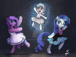 Size: 1280x960 | Tagged: safe, artist:jekartist, imported from derpibooru, rarity, oc, oc:etoile assolutadonna, oc:tutu twinkletoes, unicorn, ballerina, ballerinas, ballet, bow, clothes, crossdressing, dancing, ear piercing, earring, female, femboy, floating, gemstones, horn, jewelry, magic, male, mother and child, obtrusive watermark, on one leg, one arm raised, open smile, parent:oc:tutu twinkletoes, parent:rarity, parents:canon x oc, piercing, ribbon, smiling, sparkles, standing on one leg, tutu, tutus, unicorn oc, unicorn ocs, watermark