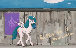 Size: 9500x6000 | Tagged: safe, artist:ymsgelgoog, imported from derpibooru, princess celestia, alicorn, pony, alternate design, alternate eye color, bag, banner, blue mane, cloud, colored hooves, cutie mark, female, fence, german, graffiti, horn, mouth hold, painterly, purple eyes, shopping bag, small wings, solo, walking, white coat, wings