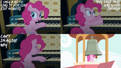 Size: 1280x720 | Tagged: safe, edit, edited screencap, editor:quoterific, imported from derpibooru, screencap, pinkie pie, earth pony, pony, castle mane-ia, season 4, bell, female, mare, musical instrument, organ, organ to the outside, piano, solo
