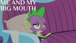 Size: 1280x720 | Tagged: safe, edit, edited screencap, editor:quoterific, imported from derpibooru, screencap, spike, dragon, amending fences, book, couch, male, pillow, solo