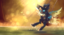 Size: 3990x2240 | Tagged: safe, artist:ls_skylight, imported from derpibooru, oc, oc:tarsi, changeling, pony, changeling oc, clothes, cute, cuteling, swing, swinging, water, wet hooves