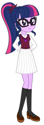 Size: 1500x4256 | Tagged: safe, artist:sketchmcreations, imported from derpibooru, sci-twi, twilight sparkle, equestria girls, casual, clothes, dress, female, glasses, hands behind back, shoes, simple background, smiling, socks, solo, sweater vest, transparent background, vector, white dress