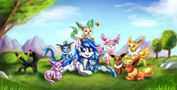 Size: 3495x1778 | Tagged: safe, artist:deraniel, imported from derpibooru, oc, oc only, oc:graceful motion, butterfly, eevee, espeon, flareon, glaceon, jolteon, leafeon, pegasus, sylveon, umbreon, vaporeon, crossover, cute, eevolutions, eyes closed, female, happy, mare, park, pokémon, smiling, wings