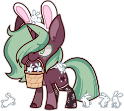 Size: 2160x1923 | Tagged: safe, artist:jetjetj, imported from derpibooru, part of a set, oc, oc only, oc:toxic spill, pony, rabbit, unicorn, animal, basket, bunny ears, chibi, commission, easter egg, female, mare, mouth hold, simple background, solo, transparent background, ych result