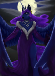 Size: 934x1280 | Tagged: safe, artist:blandy, imported from derpibooru, nightmare moon, alicorn, anthro, unguligrade anthro, breasts, busty nightmare moon, clothes, digital art, dress, fantasy class, female, horn, jewelry, moon, necklace, night, solo, solo female, sorceress, spread wings, wings