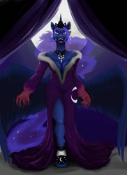 Size: 934x1280 | Tagged: safe, artist:blandy, imported from derpibooru, nightmare moon, alicorn, anthro, unguligrade anthro, breasts, busty nightmare moon, claws, clothes, digital art, dress, fangs, female, horn, jewelry, looking at you, moon, necklace, night, open mouth, solo, solo female, spread wings, wings