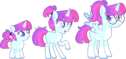 Size: 3620x1702 | Tagged: safe, artist:kurosawakuro, imported from derpibooru, oc, oc only, alicorn, pony, age progression, base used, coat markings, facial markings, female, filly, glasses, magical lesbian spawn, mare, offspring, pale belly, parent:rainbow dash, parent:twilight sparkle, parents:twidash, ponytail, raised hoof, snip (coat marking), socks (coat markings), solo, teenager, white belly