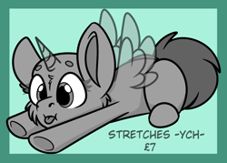 Size: 1058x758 | Tagged: safe, artist:rokosmith26, imported from derpibooru, pony, advertisement, cheek fluff, chibi, commission, horn, lying down, solo, text, tongue out, wings, your character here