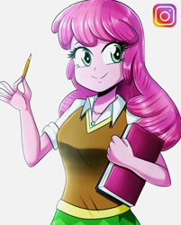 Size: 822x1020 | Tagged: safe, artist:the-butch-x, imported from derpibooru, cheerilee, equestria girls, book, clothes, cute, female, instagram, pencil, smiling, solo