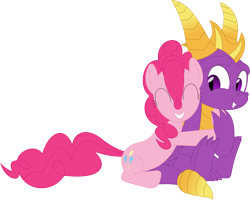 Size: 3550x2845 | Tagged: safe, artist:porygon2z, imported from derpibooru, pinkie pie, dragon, earth pony, pony, crossover, duo, eyes closed, female, hug, male, simple background, sitting, spyro the dragon, spyro the dragon (series), teeth, transparent background, vector