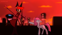 Size: 3500x2000 | Tagged: source needed, safe, artist:phlerius, imported from derpibooru, pinkie pie, deer, demon, earth pony, pony, wendigo, alastor, cane, crossover, deer demon, digital art, hazbin hotel, hell, my little pony, pinkamena diane pie, radio demon, solo