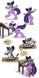 Size: 3500x6909 | Tagged: safe, artist:virmir, imported from derpibooru, twilight sparkle, oc, oc:virmir, alicorn, fox, pony, comic:wake up, character to character, desk, dialogue, drawing tablet, furry, furry oc, furry to pony, male to female, rule 63, stool, tablet pen, transformation, transformation sequence, transgender transformation, twi-fox, twilight sparkle (alicorn)