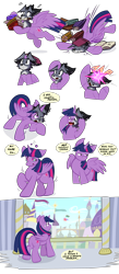 Size: 3500x8000 | Tagged: safe, artist:virmir, imported from derpibooru, twilight sparkle, oc, oc:virmir, alicorn, fox, comic:wake up, bait and switch, book, canterlot, character to character, dialogue, furry, furry oc, furry to pony, male to female, reality shift, rule 63, sweat, sweatdrop, swirly eyes, transformation, transformation sequence, transgender transformation, twi-fox, twilight sparkle (alicorn)