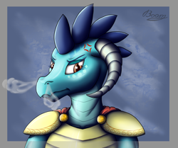 Size: 1570x1314 | Tagged: safe, artist:bomzzzik, imported from derpibooru, princess ember, anthro, dragon, angry, annoyed, armor, bust, cross-popping veins, digital art, dragon lord ember, dragoness, emotions, female, portrait, smoke, solo, solo female