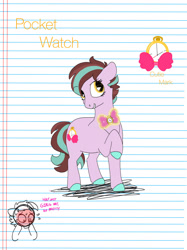 Size: 1280x1707 | Tagged: safe, artist:doodletheexpoodle, imported from derpibooru, oc, oc only, oc:pocket watch, pony, unicorn, bowtie, female, lined paper, mare, offspring, parent:doctor whooves, parent:starlight glimmer, parents:starwhooves, solo