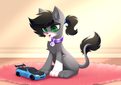 Size: 5000x3500 | Tagged: safe, artist:airiniblock, imported from derpibooru, oc, oc only, oc:inky, cat, bell, bell collar, car, collar, furry, playing, quadrupedal, rcf community, solo, toy car