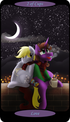 Size: 1500x2591 | Tagged: safe, artist:sixes&sevens, imported from derpibooru, derpy hooves, ditzy doo, doctor whooves, time turner, pegasus, pony, unicorn, clothes, doctor who, doctorderpy, duo, eighth doctor, female, fourth doctor's scarf, jacket, male, minor arcana, moon, mountain, mountain range, mug, night, paul mcgann, ponified, scarf, shared clothing, shared scarf, shipping, sitting, smiling, stars, straight, striped scarf, tarot card, the doctor, two of cups