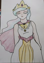 Size: 1427x2048 | Tagged: safe, artist:wrath-marionphauna, imported from derpibooru, princess celestia, human, cape, clothes, crown, humanized, jewelry, light skin, regalia, solo, traditional art