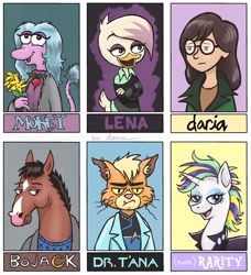 Size: 819x900 | Tagged: safe, artist:pedantia, imported from derpibooru, rarity, bird, cat, duck, horse, human, unicorn, six fanarts, alternate hairstyle, bojack horseman, caitian, daria, daria morgendorffer, dr. t'ana, duck tales 2017, ducktales, ducktales 2017, fraggle rock, lena sabrewing, mokey, punk, raripunk, star trek: lower decks