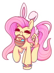 Size: 896x1199 | Tagged: safe, artist:musicfirewind, artist:wavecipher, imported from derpibooru, fluttershy, pegasus, pony, basket, blushing, bracelet, bunny ears, c:, cute, easter, easter basket, easter egg hunt, eyes closed, holiday, jewelry, mouth hold, shyabetes, smiling, solo, spring