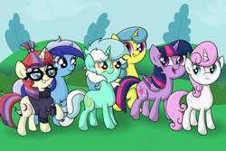 Size: 7381x4921 | Tagged: safe, artist:background basset, imported from derpibooru, lemon hearts, lyra heartstrings, minuette, moondancer, twilight sparkle, twinkleshine, alicorn, pony, unicorn, canterlot five, canterlot six, cute, female, group, happy, mare, open mouth, request, requested art, smiling, twilight sparkle (alicorn)