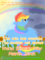 Size: 1500x2000 | Tagged: safe, artist:lrivulet, artist:zoran, imported from derpibooru, rainbow dash, pony, bipolar, depression, flower, mental illness, psychology, rain, rainbow, solo, sunflower, sunlight, sunny