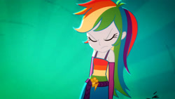 Size: 3410x1920 | Tagged: safe, imported from derpibooru, screencap, rainbow dash, eqg summertime shorts, equestria girls, raise this roof, angry, animation error, belt, clothes, cutie mark, cutie mark on clothes, eyes closed, fall formal outfits, female, fingerless gloves, gloves, sleeveless, solo