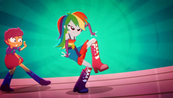 Size: 3410x1920 | Tagged: safe, imported from derpibooru, screencap, rainbow dash, scootaloo, eqg summertime shorts, equestria girls, raise this roof, belt, boots, breakdancing, clothes, cutie mark, cutie mark on clothes, dancing, devil horn (gesture), duo, duo female, faic, fall formal outfits, female, fingerless gloves, gloves, shoes, sleeveless, smiling, smirk, smug, smugdash