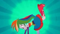 Size: 3410x1920 | Tagged: safe, imported from derpibooru, screencap, rainbow dash, eqg summertime shorts, equestria girls, raise this roof, angry, belt, boots, clothes, cutie mark, cutie mark on clothes, dancing, fall formal outfits, female, fingerless gloves, gloves, shoes, sleeveless, solo