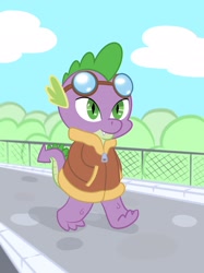 Size: 2048x2732 | Tagged: safe, artist:johncarma, imported from derpibooru, spike, dragon, clothes, colored, goggles, jacket, male, sidewalk, solo, walking