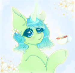 Size: 1100x1080 | Tagged: safe, artist:saltyvity, imported from derpibooru, oc, oc only, pony, unicorn, cup, flower, flower in hair, food, lemon, magic, tea