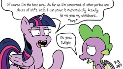 Size: 1200x675 | Tagged: safe, artist:pony-berserker, imported from derpibooru, spike, twilight sparkle, alicorn, dragon, pony, duo, female, male, mare, pony-berserker's twitter sketches, reference, rick and morty, speech bubble, twilight sparkle (alicorn), twirick, winged spike, wings