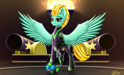 Size: 3850x2320 | Tagged: safe, artist:singovih, imported from derpibooru, lightning dust, pegasus, pony, the washouts (episode), alternate clothes, cannon, clothes, female, fire, gun, helmet, looking at you, mare, raised leg, solo, spread wings, the washouts, uniform, washouts uniform, weapon, wings