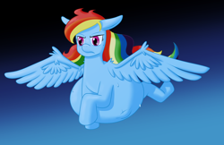 Size: 2550x1656 | Tagged: safe, artist:parturient, imported from derpibooru, rainbow dash, pegasus, pony, belly, big belly, determined, determined look, female, flying, huge belly, kicking, mare, pregnant, spread wings, sweat, sweatdrop, wings