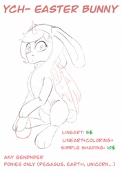 Size: 2480x3508 | Tagged: safe, artist:ardilya, imported from derpibooru, alicorn, earth pony, pegasus, pony, unicorn, animal costume, bunny costume, clothes, commission, costume, digital art, overalls, sketch, solo, ych sketch, your character here