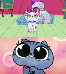 Size: 1280x1440 | Tagged: safe, edit, edited screencap, imported from derpibooru, screencap, bubbles (cat), opalescence, cat, cute-pocalypse meow, disappearing act, my little pony: pony life, spoiler:pony life s01e03, adorable face, bean mouth, bubbles (pony life), bubbles cherub mcsquee, bubblescence, crack shipping, cute, female, g4.5, male, pac-man eyes, pacman eyes, pony life, shipping, shipping domino, straight