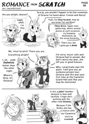 Size: 2200x3072 | Tagged: safe, artist:chopsticks, imported from derpibooru, dj pon-3, fancypants, fleur-de-lis, vinyl scratch, unicorn, comic:romance from scratch, alternate hairstyle, bathroom, blushing, cheek fluff, chest fluff, clothes, comic, cute, descriptive noise, dialogue, dress, ear fluff, evil planning in progress, female, magic, male, mare, monochrome, necktie, nodding, shipping, sink, socks, stairs, stallion, straight, telekinesis, text, unshorn fetlocks, vinylbetes