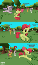 Size: 1920x3242 | Tagged: safe, artist:gradiusfanatic, imported from derpibooru, apple bloom, diamond tiara, scootaloo, sweetie belle, earth pony, pegasus, pony, unicorn, 3d, blank flank, comic, exclamation point, female, parody, question mark, source filmmaker