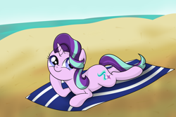 Size: 7381x4921 | Tagged: safe, artist:background basset, imported from derpibooru, starlight glimmer, pony, unicorn, beach, female, lying down, request, requested art, sand, solo, towel